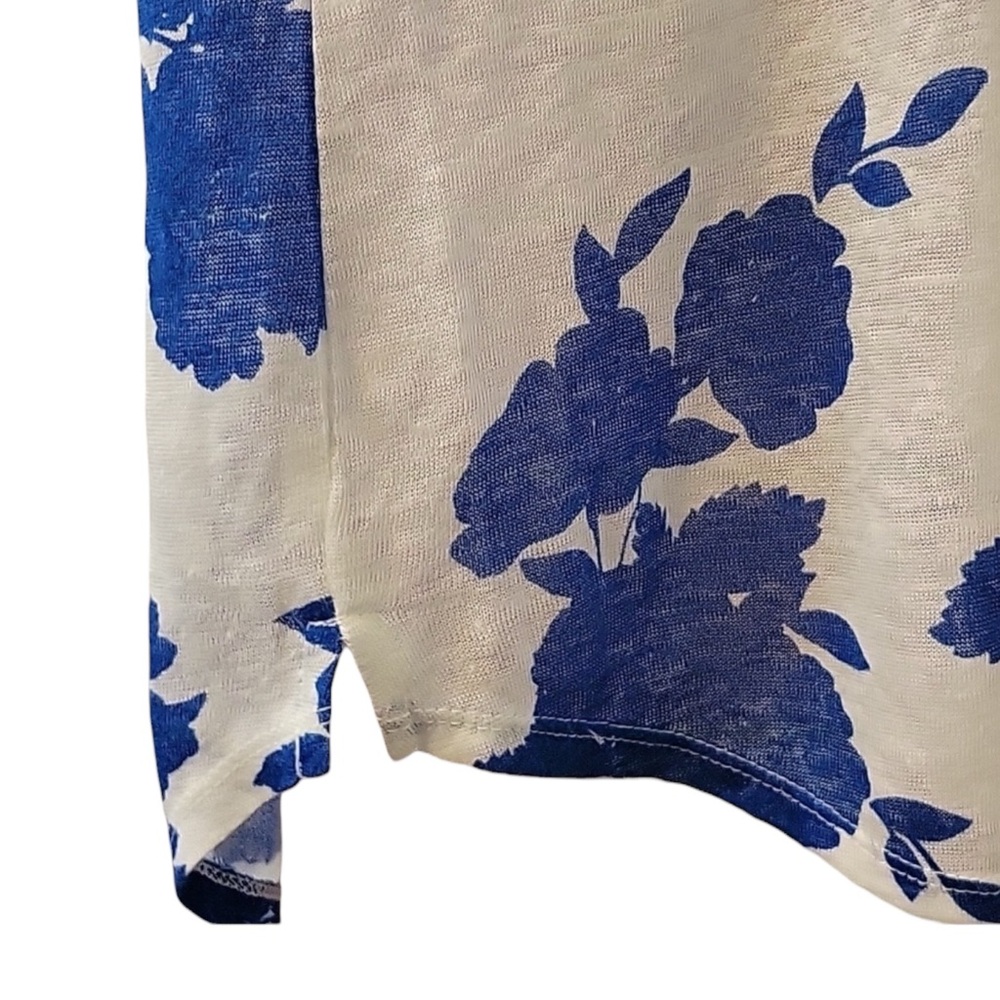 CYNTHIA ROWLEY 100% Linen Cap Sleeve Floral Top in Blue/White Size - Picture 7 of 9